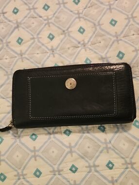 Coach Black Leather Zip Wallet with Gold Accent